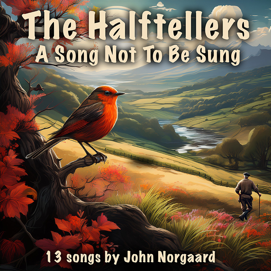 A red Robin sitting in tree. Hills in the background. A farmer standing looking at the landscape.